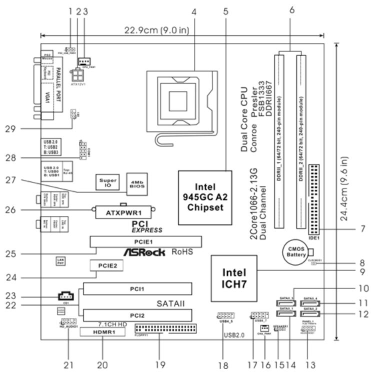 ASROCK 2CORE1066-2.13G - Motherboard Layout - 1