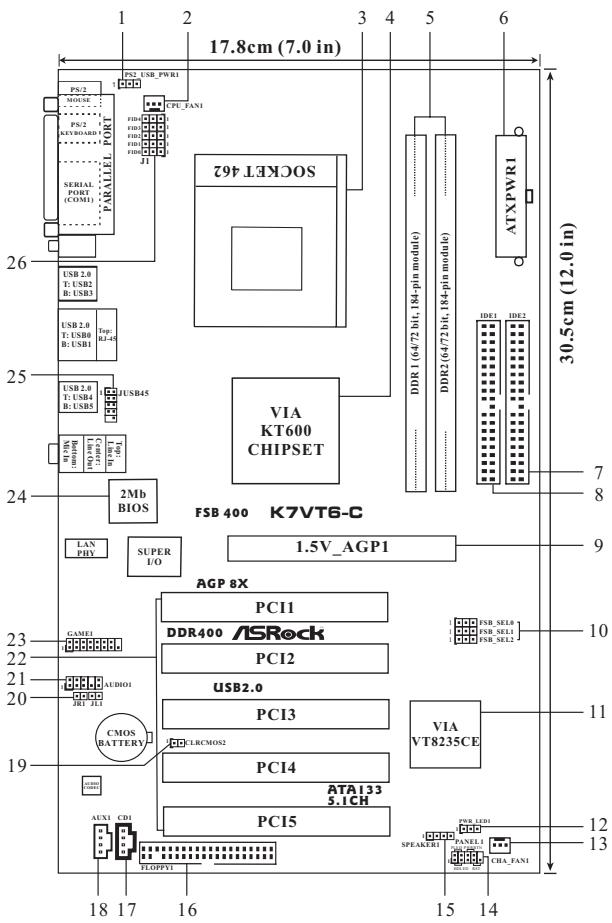 ASROCK K7VT6-C - Motherboard Layout - 1