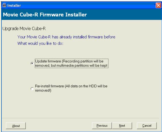 EMTEC HDD MOVIE CUBE R100 - Step 2: Select 'Update firmware (Recording partition will be removed, but multimedia partition will be kept)' - 1