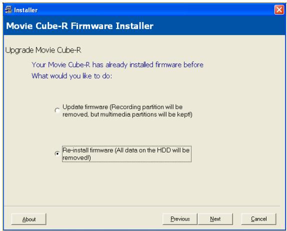 EMTEC HDD MOVIE CUBE R100 - Step 2: Select 'Re-install firmware (All data on the HDD will be removed)' - 1