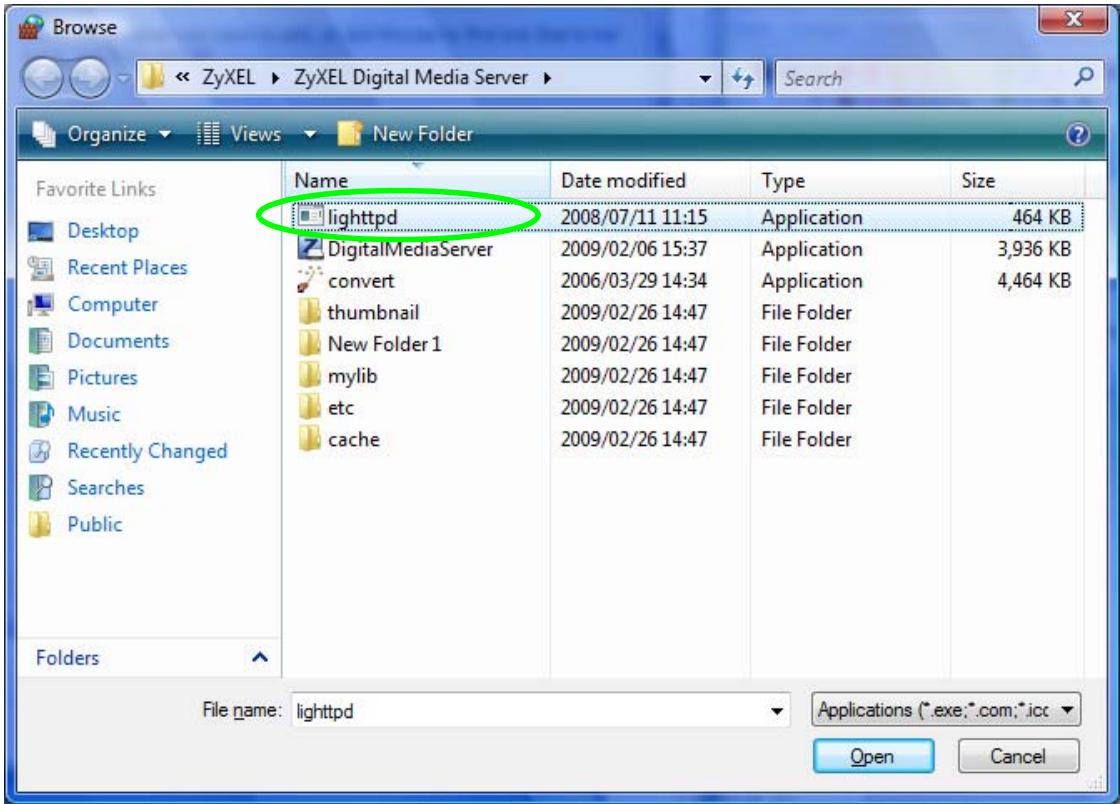 ZYXEL DMA-2500 - Select lighttpd and click Open. - 1
