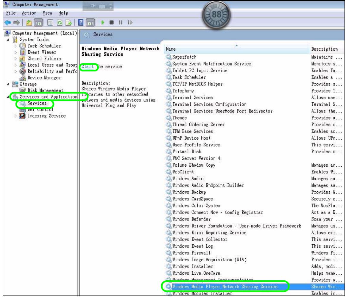 ZYXEL DMA-2500 - Starting the Windows Media Player Network Sharing Service - 1