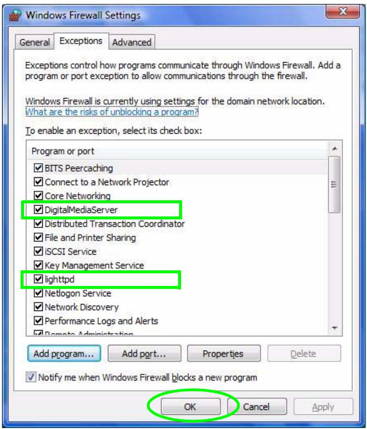 ZYXEL DMA-2500 - The Programs list includes lighttpd. Click OK. - 2