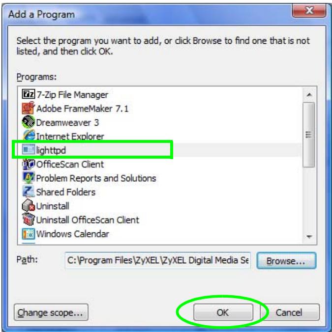 ZYXEL DMA-2500 - The Programs list includes lighttpd. Click OK. - 1