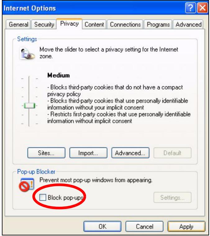 ZYXEL ES-1528 - Disable pop-up Blockers - 2