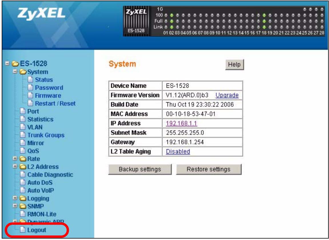 ZYXEL ES-1528 - Logging Out of the Web Configurator - 1