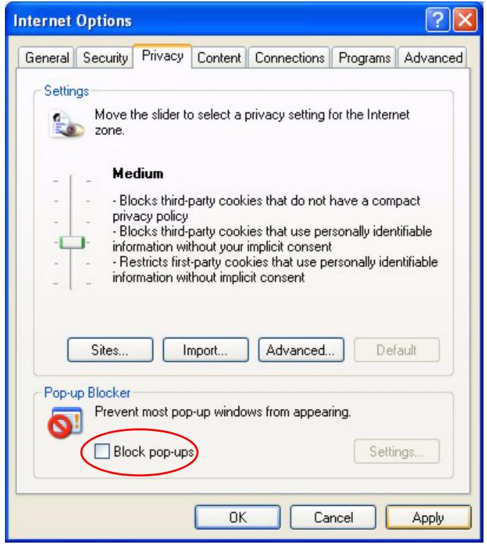 ZYXEL ES-3148 - Disable pop-up Blockers - 2