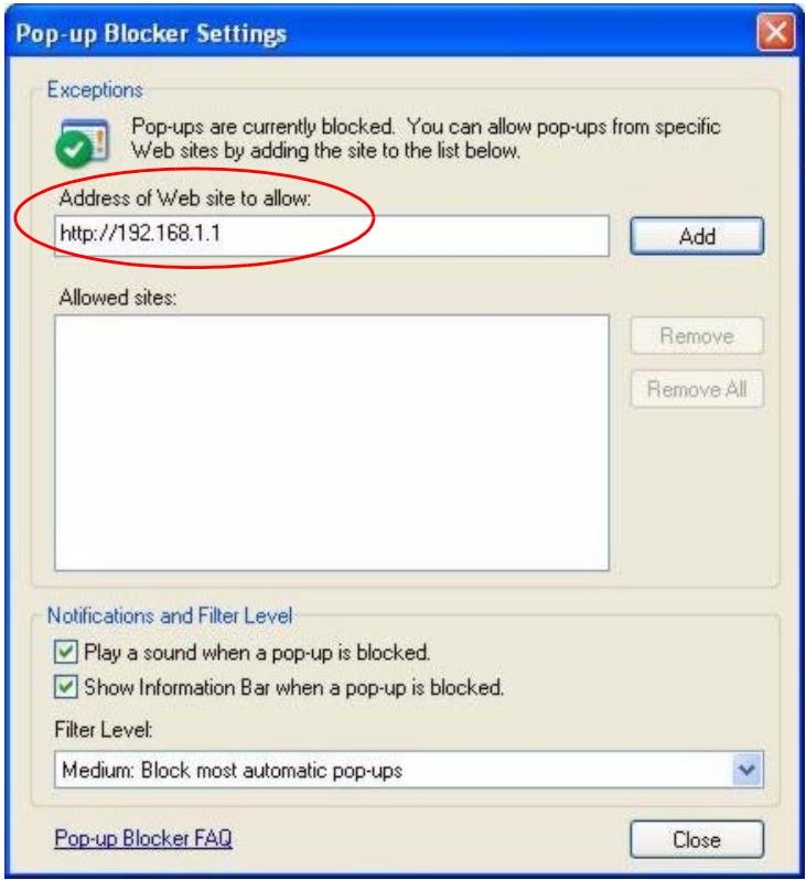 ZYXEL ES-3148 - Enable pop-up Blockers with Exceptions - 2