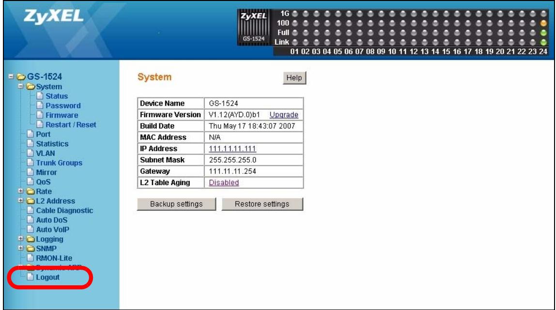 ZYXEL GS-1524 - Logging Out of the Web Configurator - 1