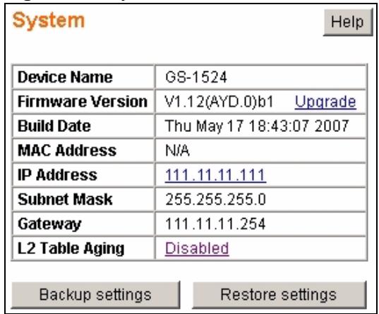 ZYXEL GS-1524 - System Screen - 1