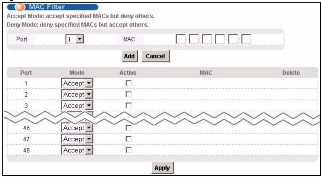 ZYXEL IES-1248-51 - MAC Filter Screen - 1