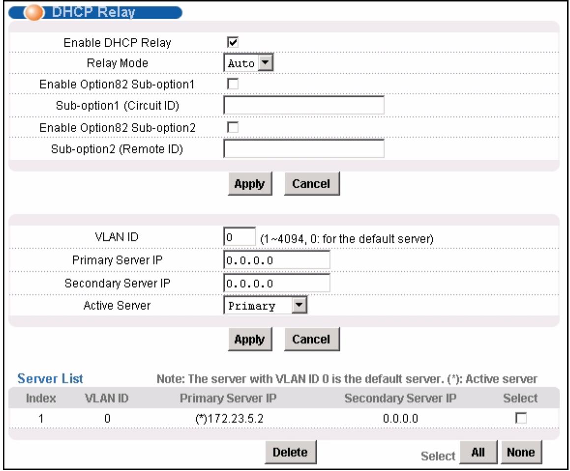 ZYXEL IES-1248-51 - DHCP Relay Screen - 1