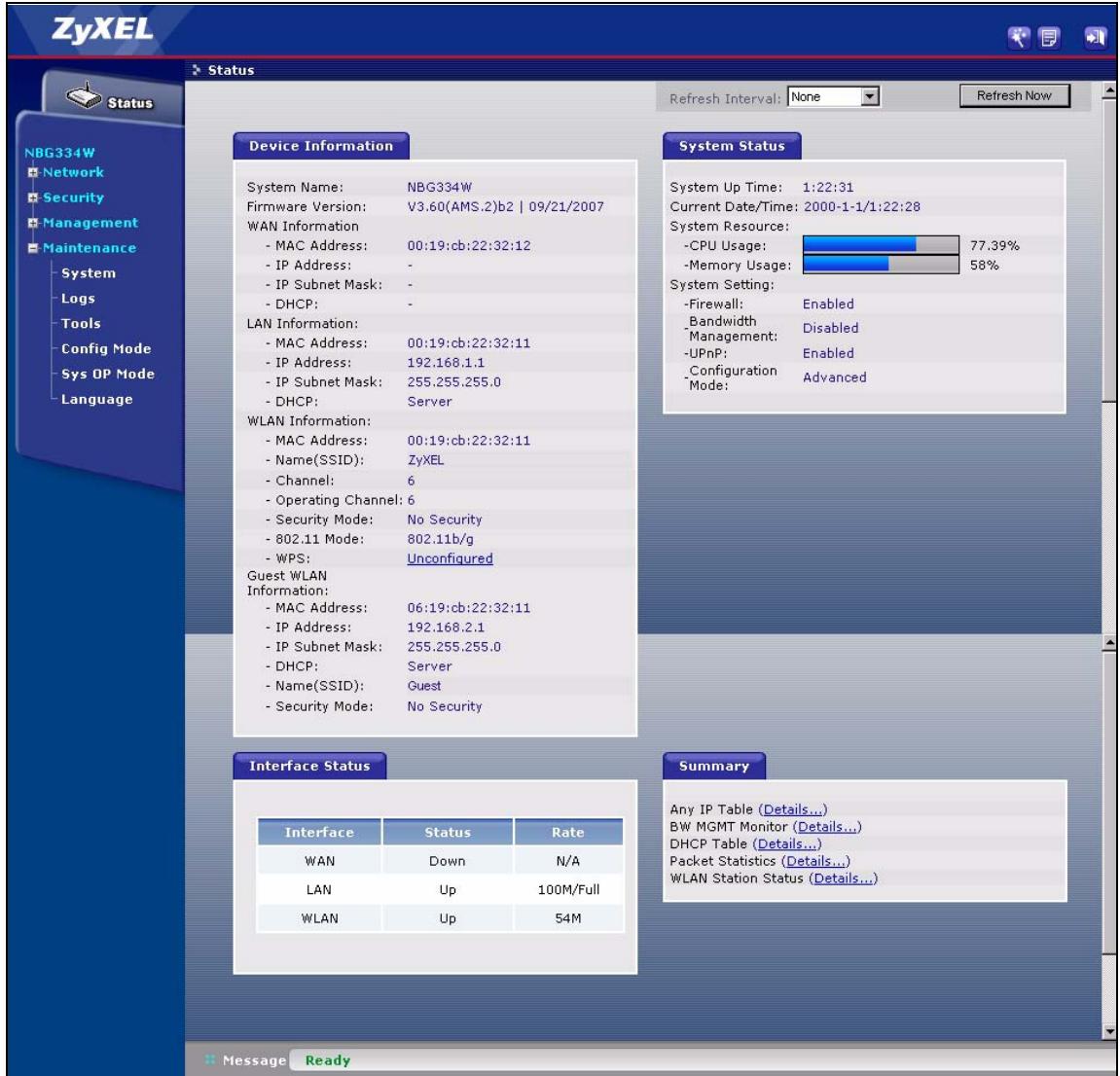 ZYXEL NBG-334W - The Status Screen in Router Mode - 1