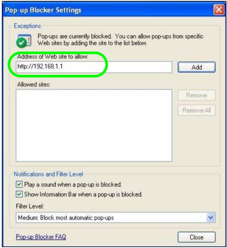 ZYXEL NBG-419N - Select Settings...to open the Pop-up Blocker Settings screen. - 2