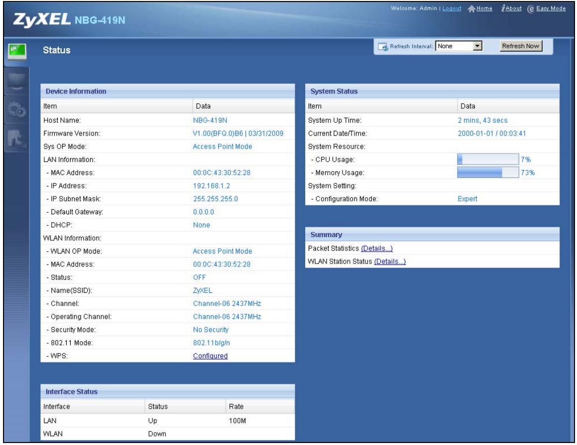 ZYXEL NBG-419N - AP Mode Status Screen - 2