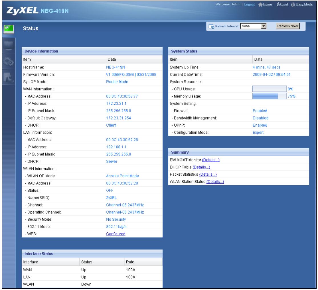 ZYXEL NBG-419N - Status Screen - 1