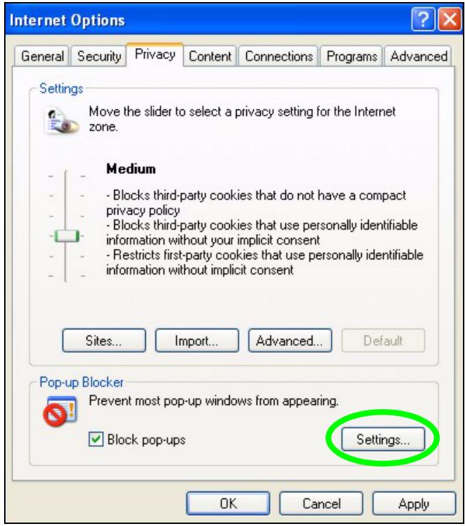 ZYXEL NBG-419N - Select Settings...to open the Pop-up Blocker Settings screen. - 1