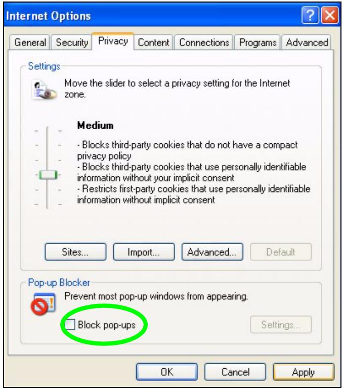 ZYXEL NBG-419N - Disable pop-up Blockers - 2