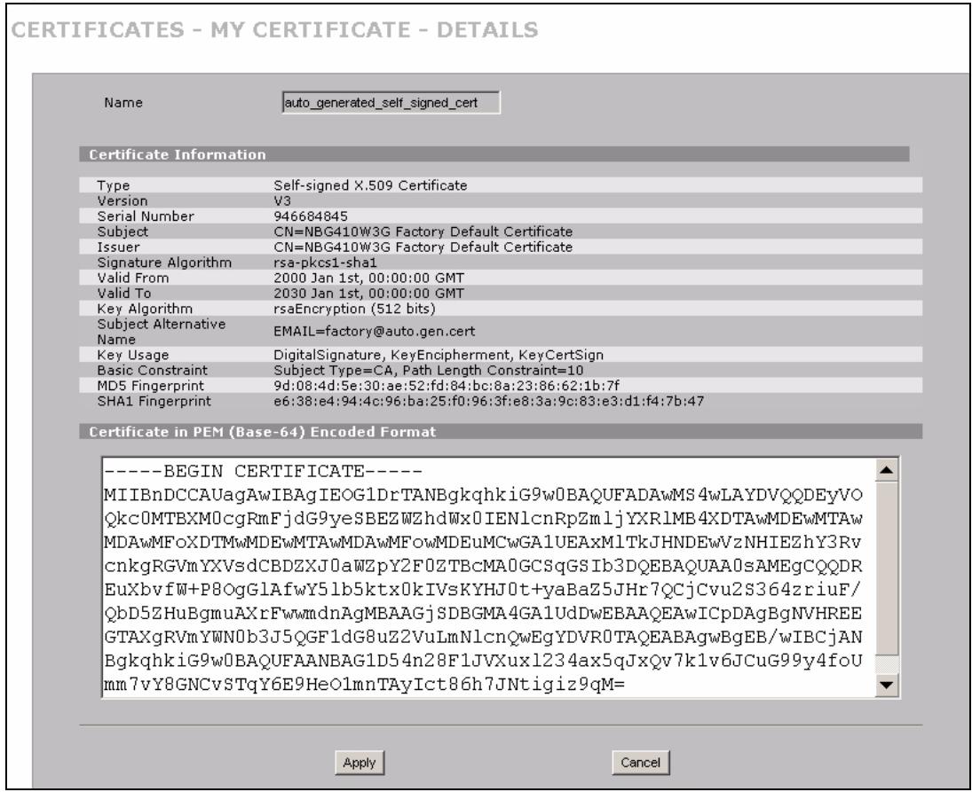 ZYXEL NBG410W3G - My Certificate Details - 1
