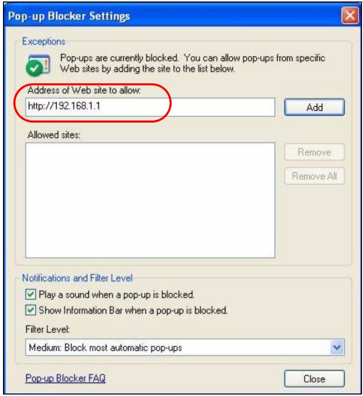 ZYXEL NBG410W3G - Enable Pop-up Blockers with Exceptions - 2