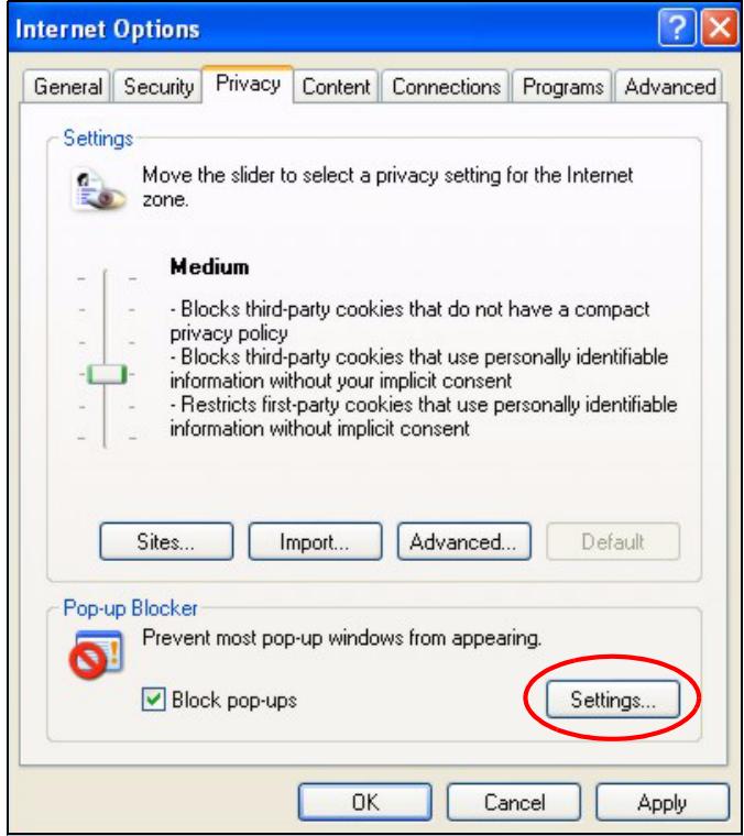 ZYXEL NBG410W3G - Enable Pop-up Blockers with Exceptions - 1