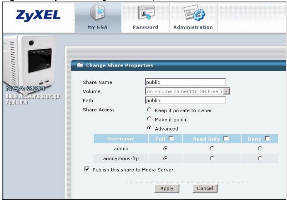 ZYXEL NSA-220 - My NSA Change Share Properties Screen - 1
