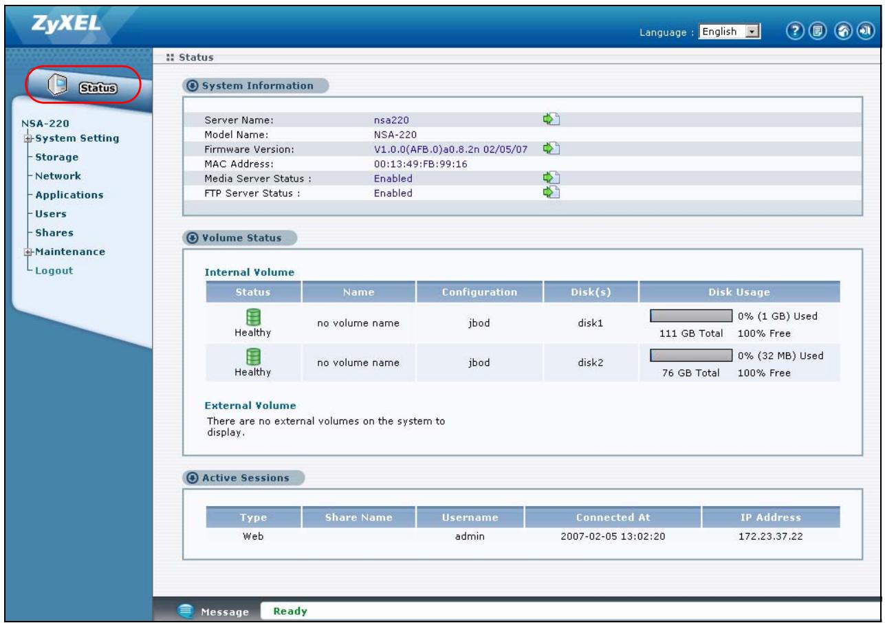 ZYXEL NSA-220 - Status Screen - 1