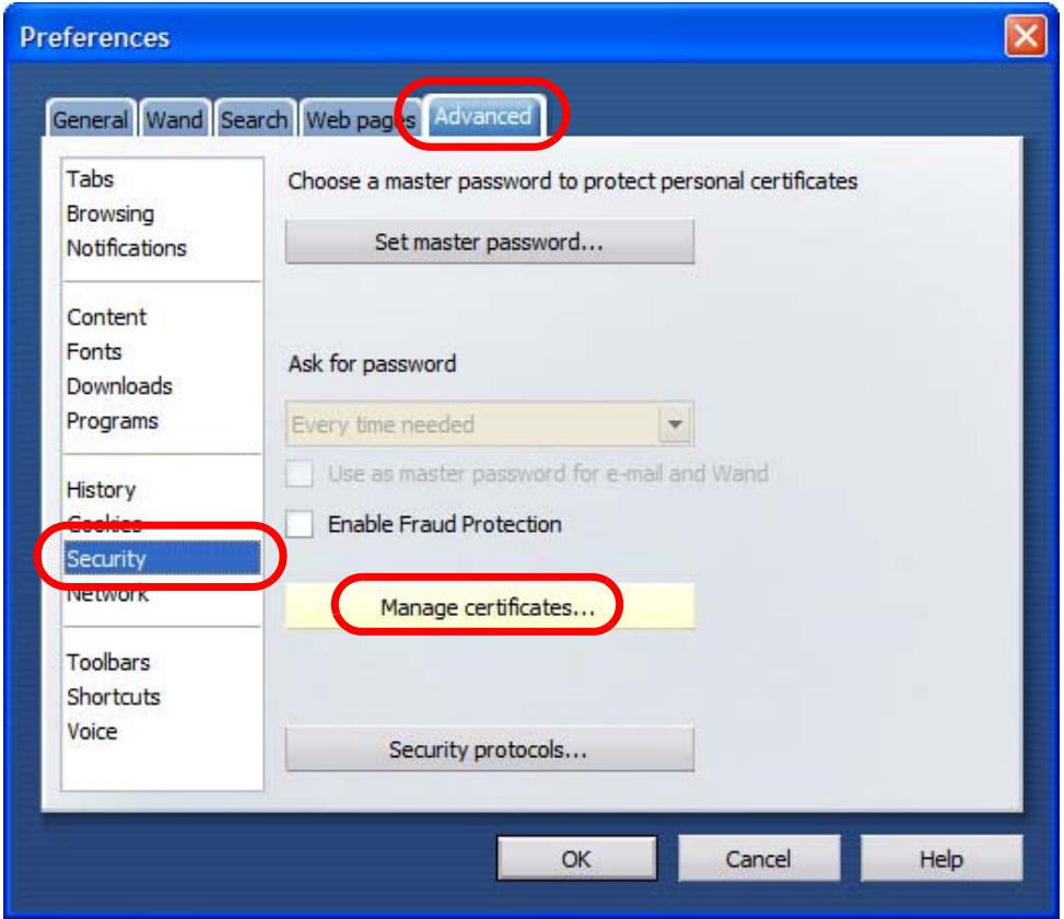 ZYXEL NSA221 - In Preferences, click Advanced > Security > Manage certificates. - 1