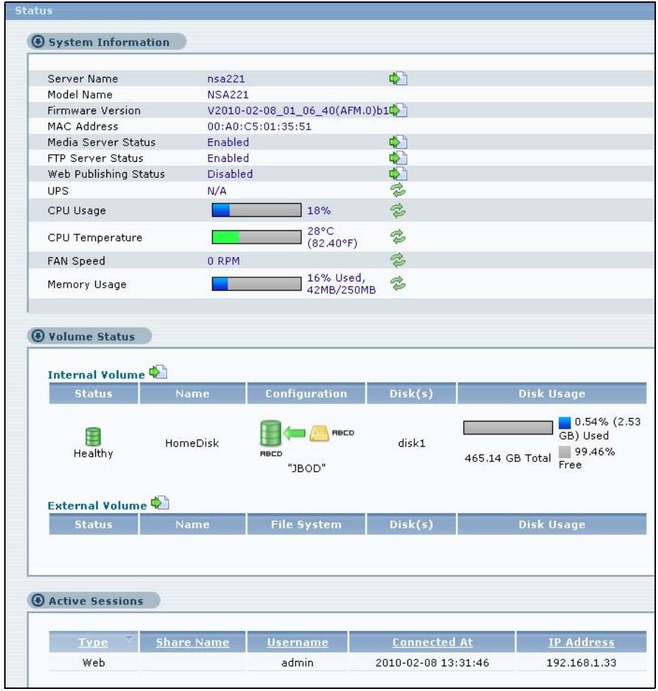 ZYXEL NSA221 - The Status Screen - 1