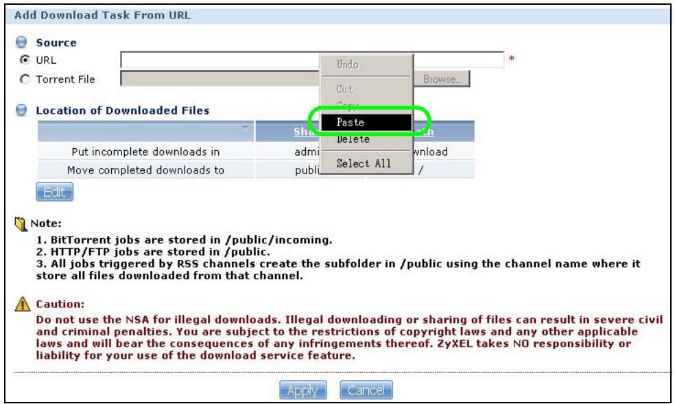 ZYXEL NSA221 - Right-click the URL field and select Paste. - 1