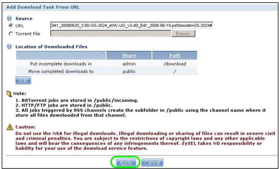 ZYXEL NSA221 - The URL displays in the URL field. Click Apply. - 1