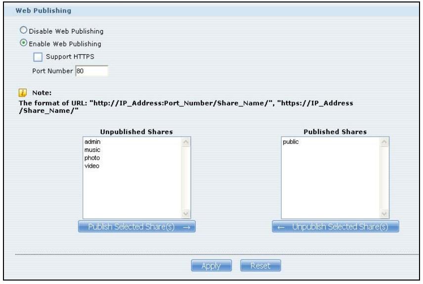 ZYXEL NSA221 - The Web Publishing Screen - 1