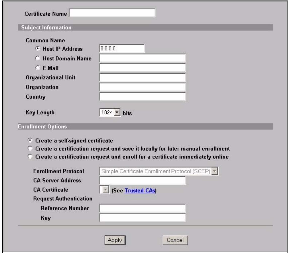 ZYXEL NWA-3166 - My Certificates Create Screen - 1