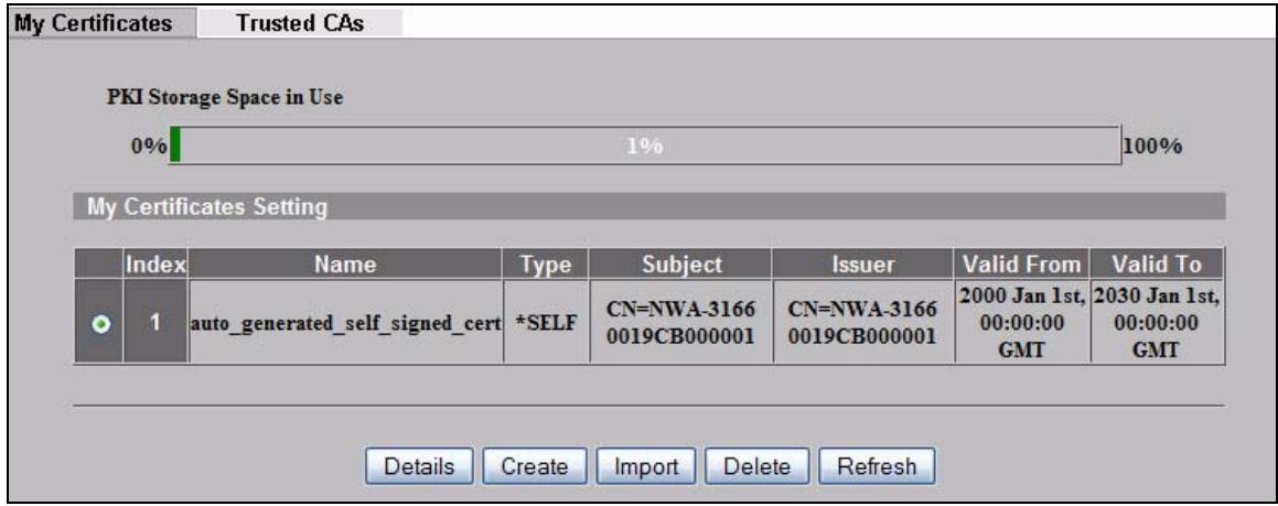 ZYXEL NWA-3166 - My Certificates Screen - 1