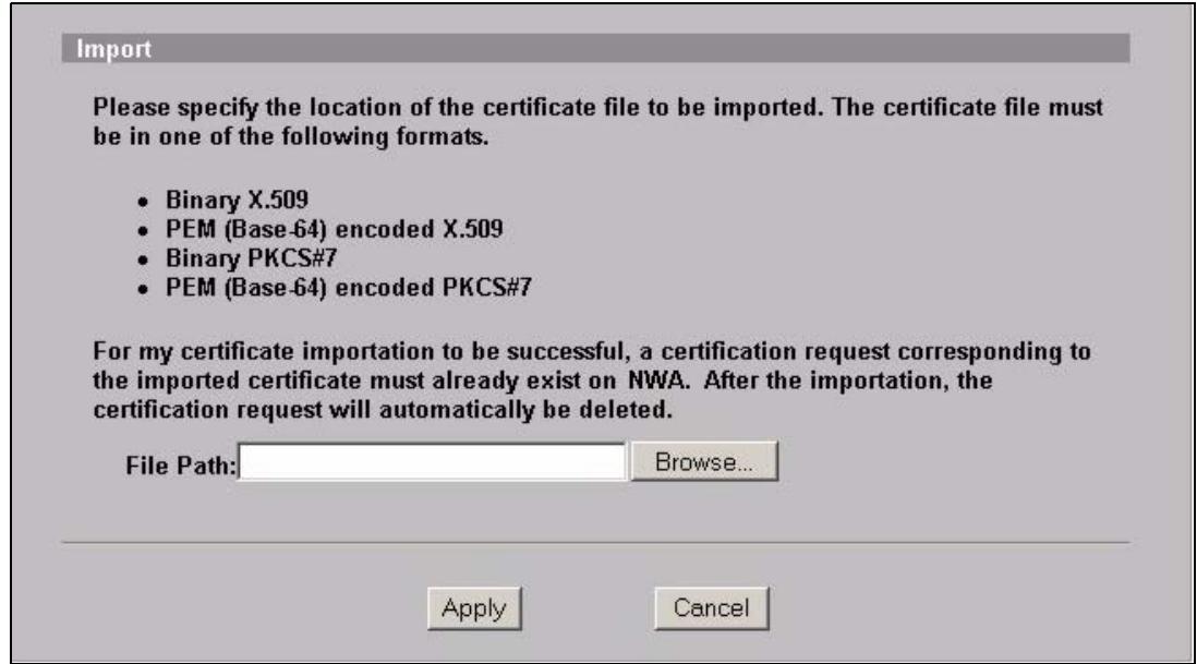 ZYXEL NWA-3166 - My Certificates Import Screen - 1