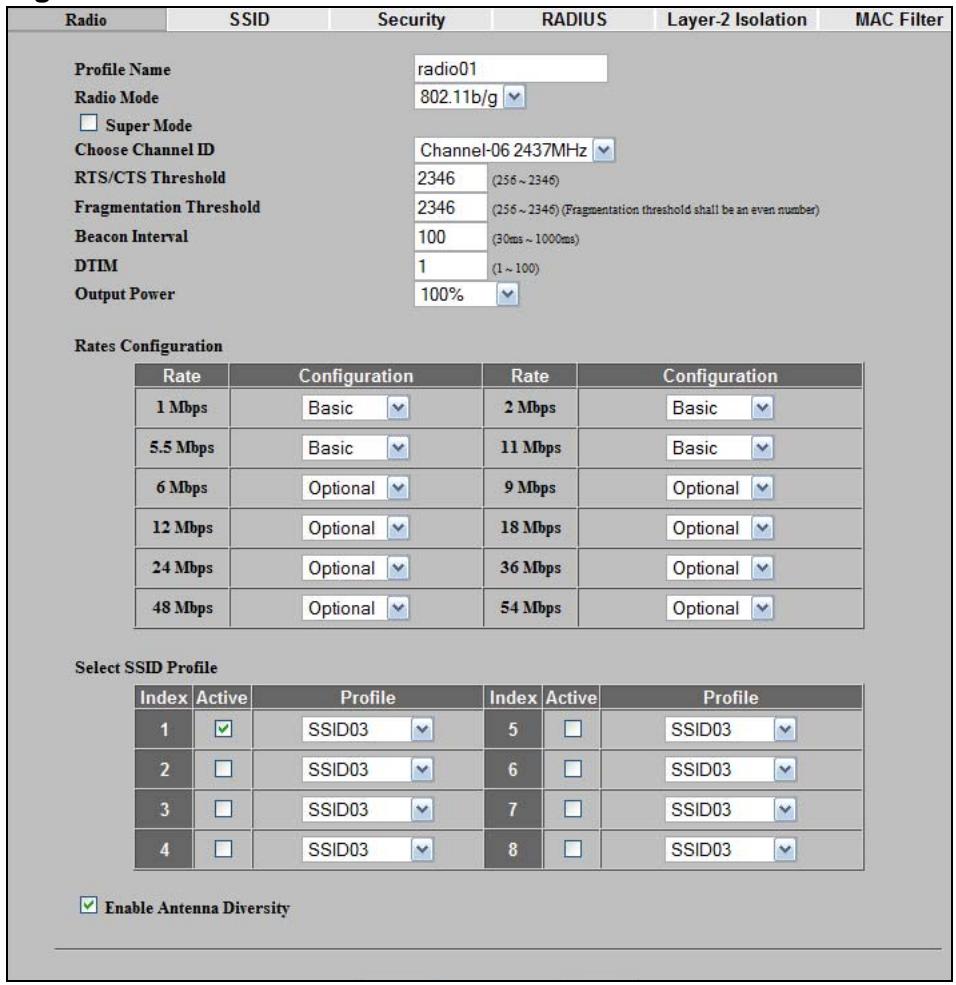 ZYXEL NWA-3166 - The Radio Profile Edit Screen - 1