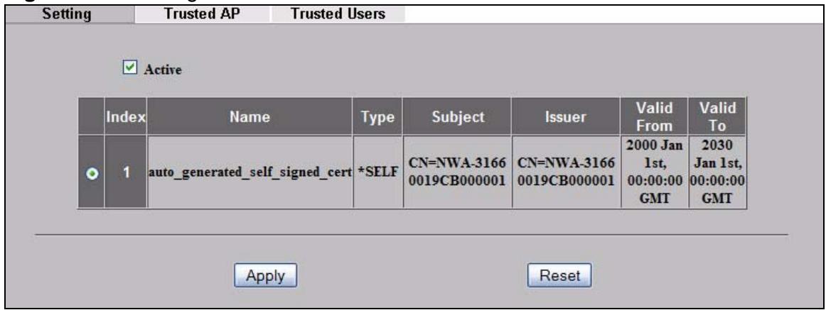 ZYXEL NWA-3166 - Internal RADIUS Server Setting Screen - 1
