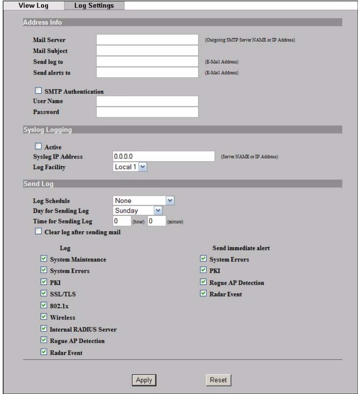 ZYXEL NWA-3166 - The Log Settings Screen - 1
