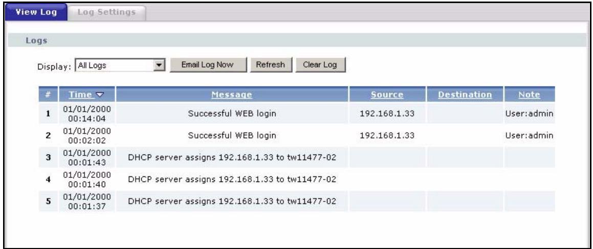 ZYXEL P-2302HWL-P1 - View Log Screen - 1