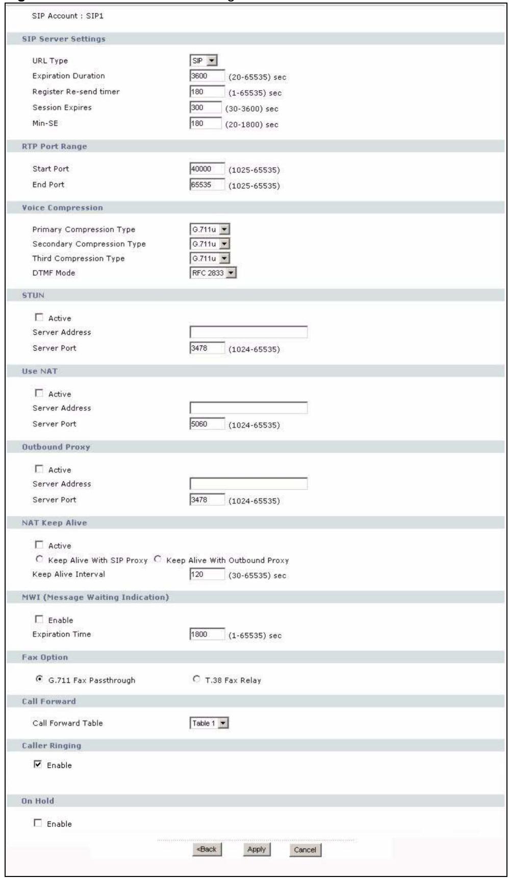ZYXEL P-2302HWL-P1 - Advanced SIP Setup Screen - 1