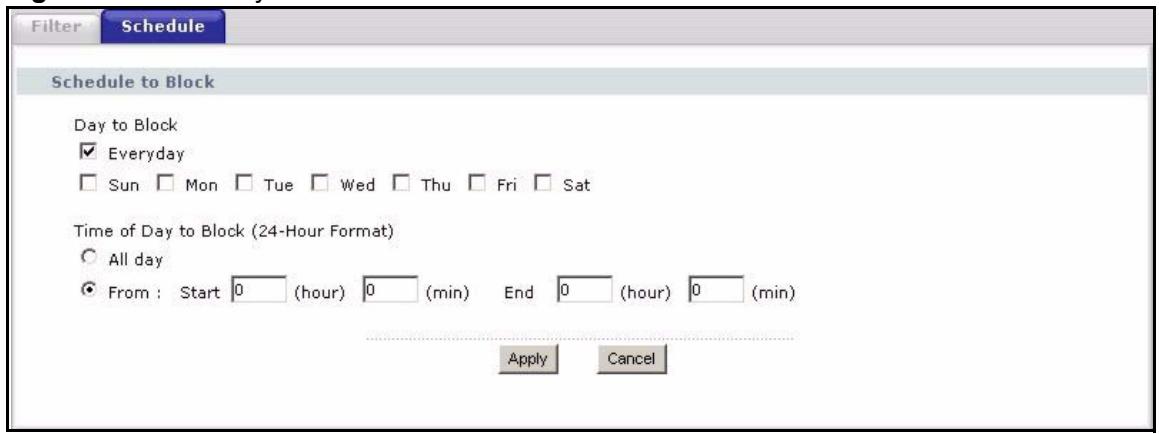ZYXEL P-2302HWL-P1 - Content Filter Schedule Screen - 1