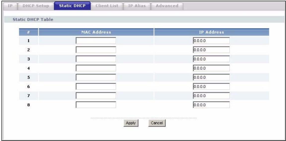 ZYXEL P-2302HWL-P1 - LAN Static DHCP Screen - 1