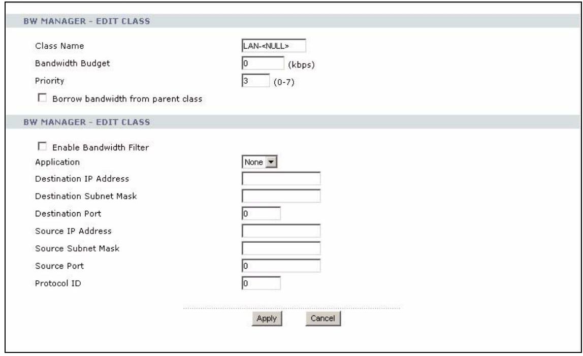ZYXEL P-2302HWL-P1 - Bandwidth Class Edit Screen - 1