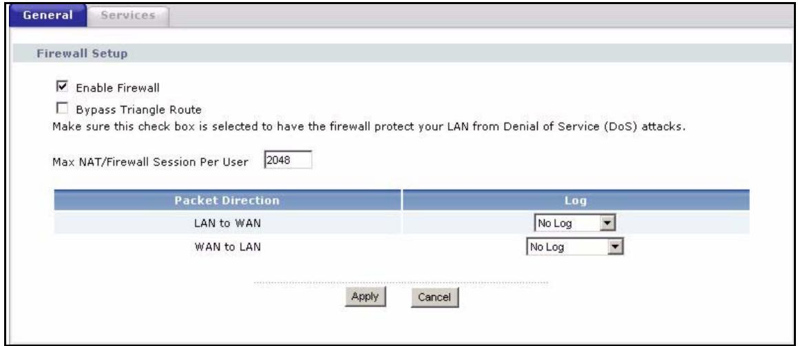 ZYXEL P-2302HWL-P1 - General Firewall Screen - 1