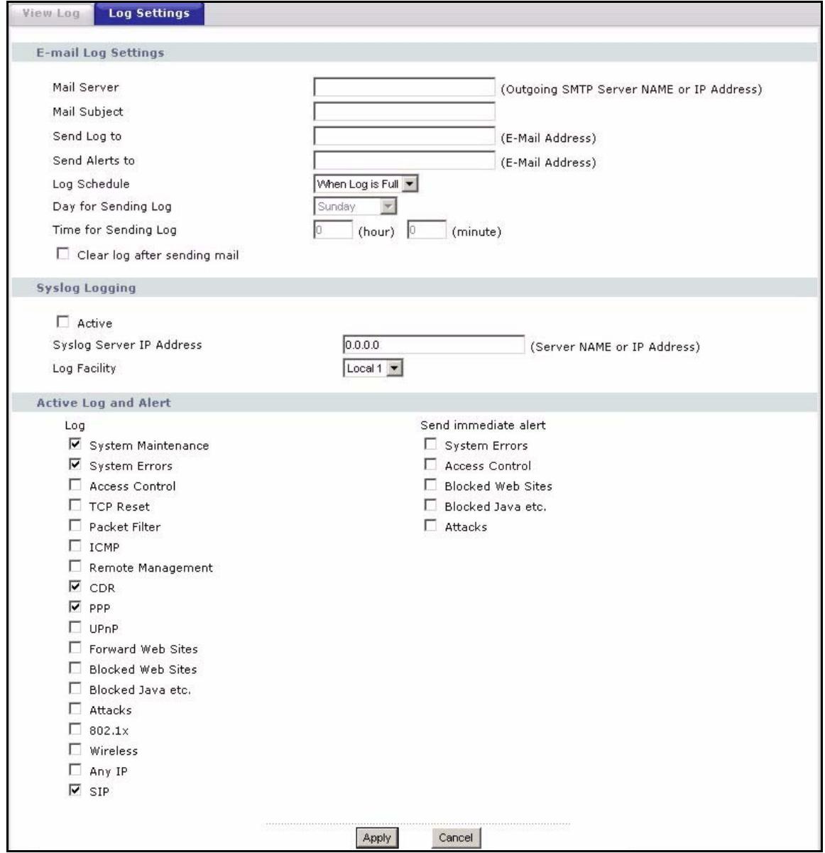 ZYXEL P-2302HWL-P1 - Log Settings Screen - 1