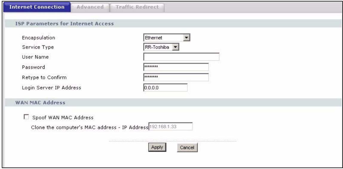 ZYXEL P-2302HWL-P1 - WAN Internet Connection Screen (Roadrunner) - 1