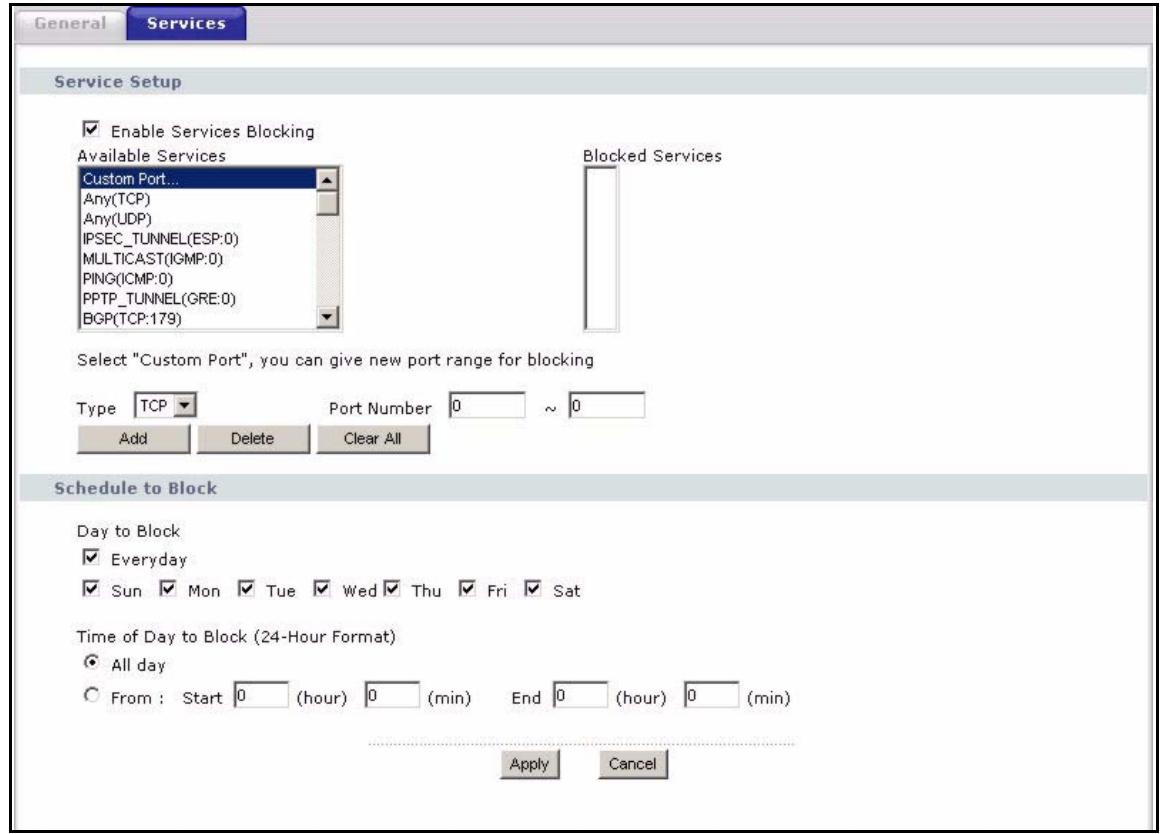 ZYXEL P-2302HWL-P1 - Firewall Services Screen - 1