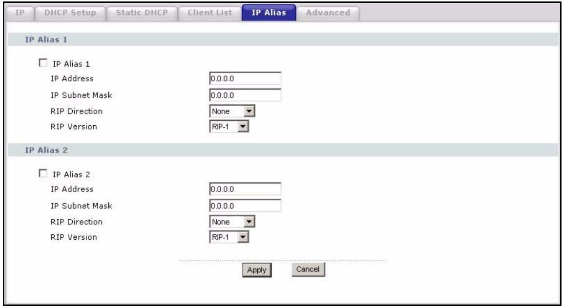 ZYXEL P-2302HWUDL-P1 - LAN IP Alias Screen - 1