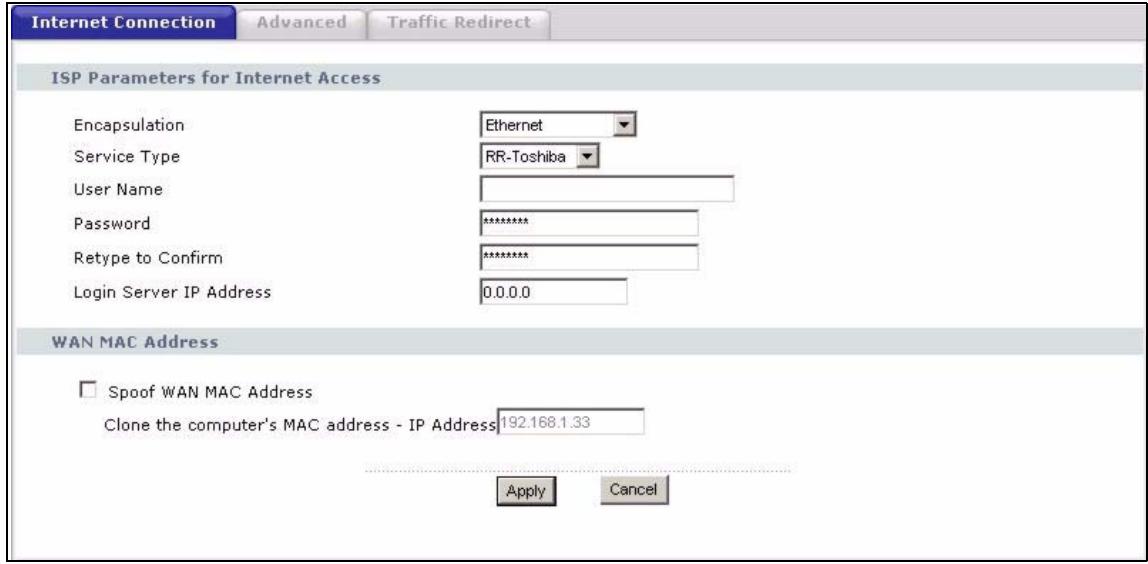 ZYXEL P-2302HWUDL-P1 - WAN Internet Connection Screen (Roadrunner) - 1