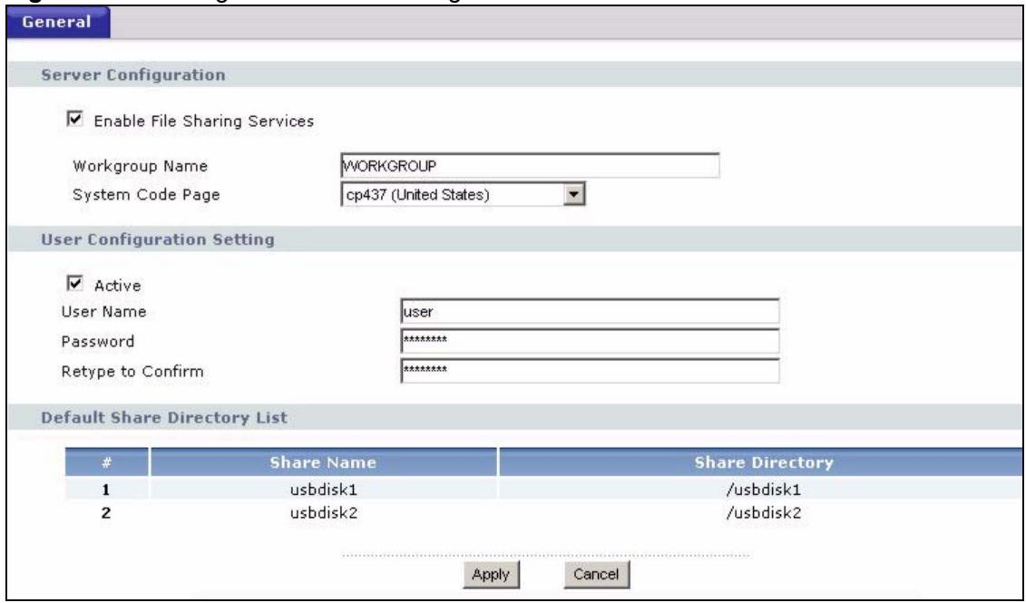 ZYXEL P-2302HWUDL-P1 - File Sharing - General Screen - 1